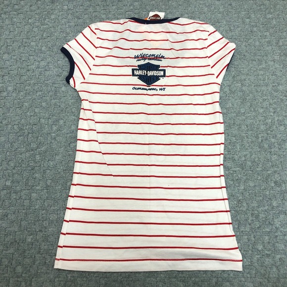 Harley Davidson Shirt Womens Small Red White Blue Oconomowoc WI Motorcycle Biker - Picture 3 of 10